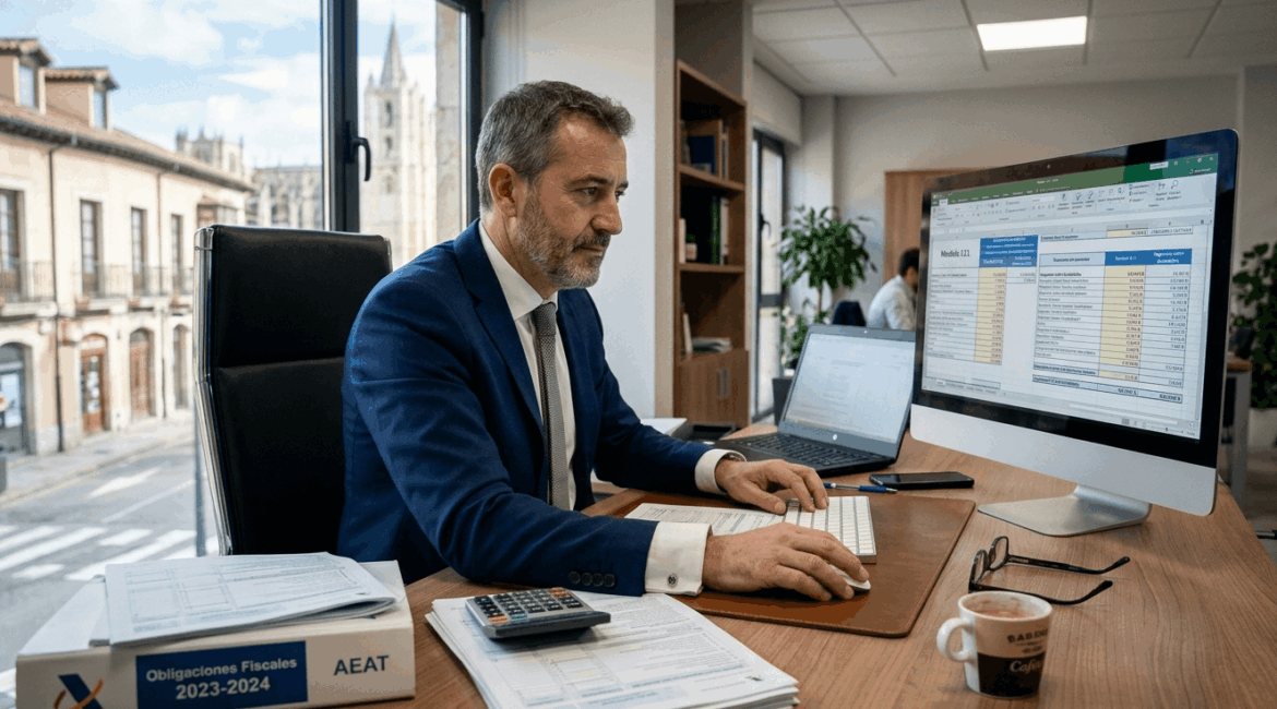 empresario revisando obligaciones fiscales en ordenador