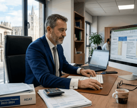 empresario revisando obligaciones fiscales en ordenador