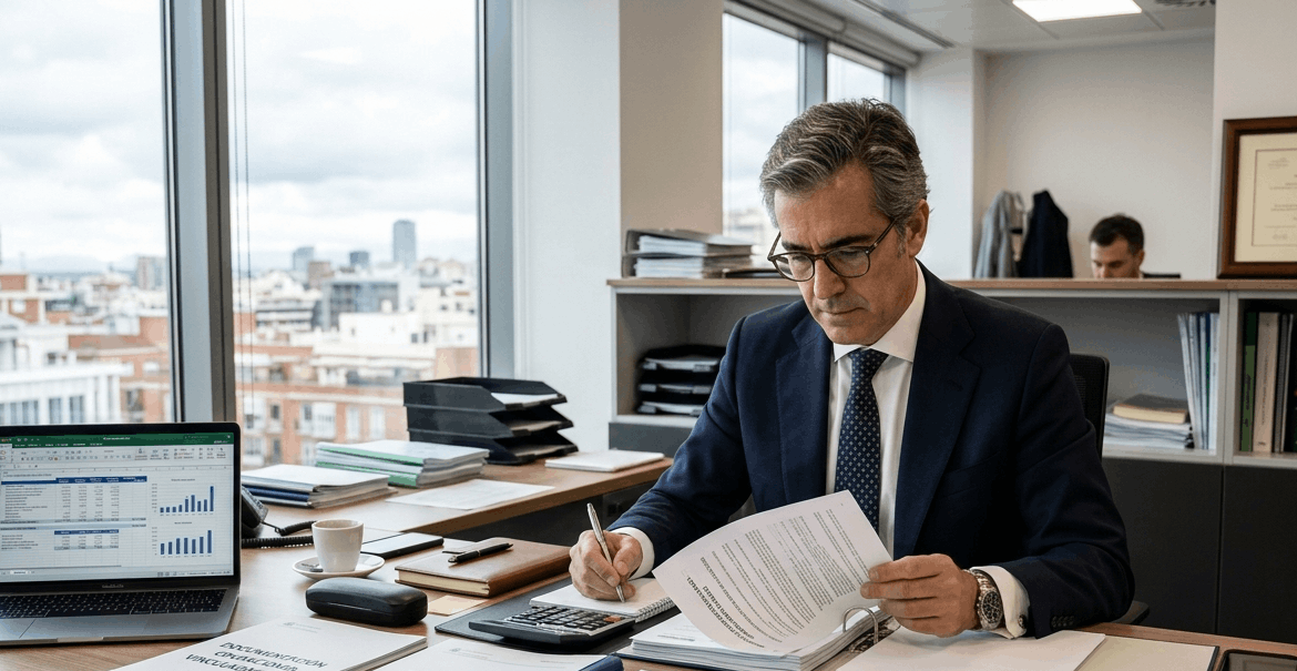 Empresario revisando documentación fiscal relacionada con operaciones vinculadas.